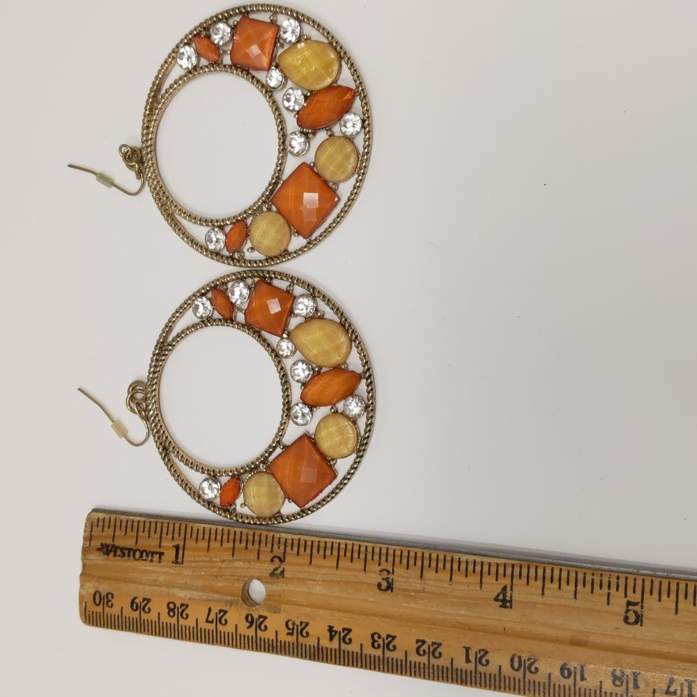 Large Circle Dangle Earrings Orange Yellow Rhinestones Gold Tone Piereced - Picture 5 of 7